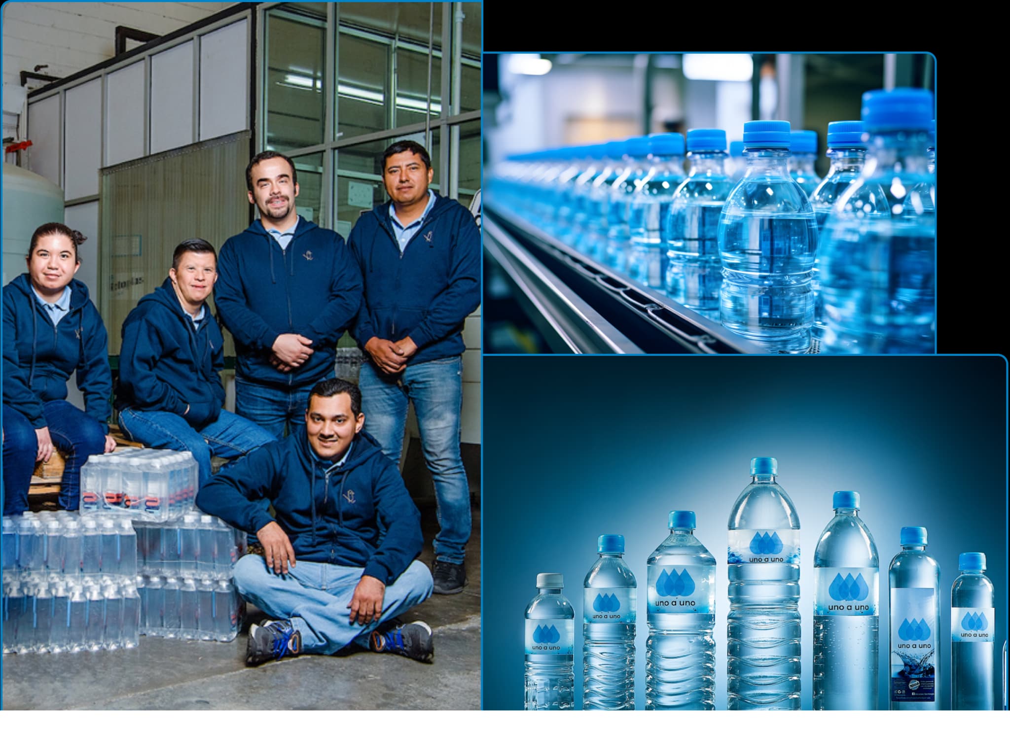 Mosaico de linea de producción de agua embotellada de uno a uno